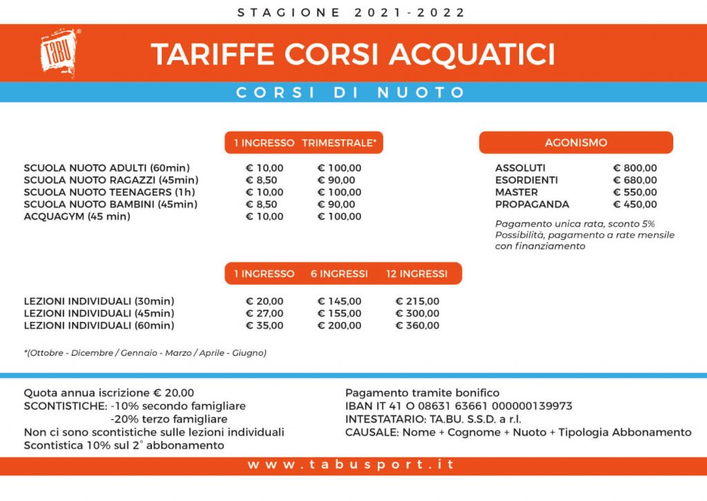 Tariffe corsi acquatici TABU 2021-2022