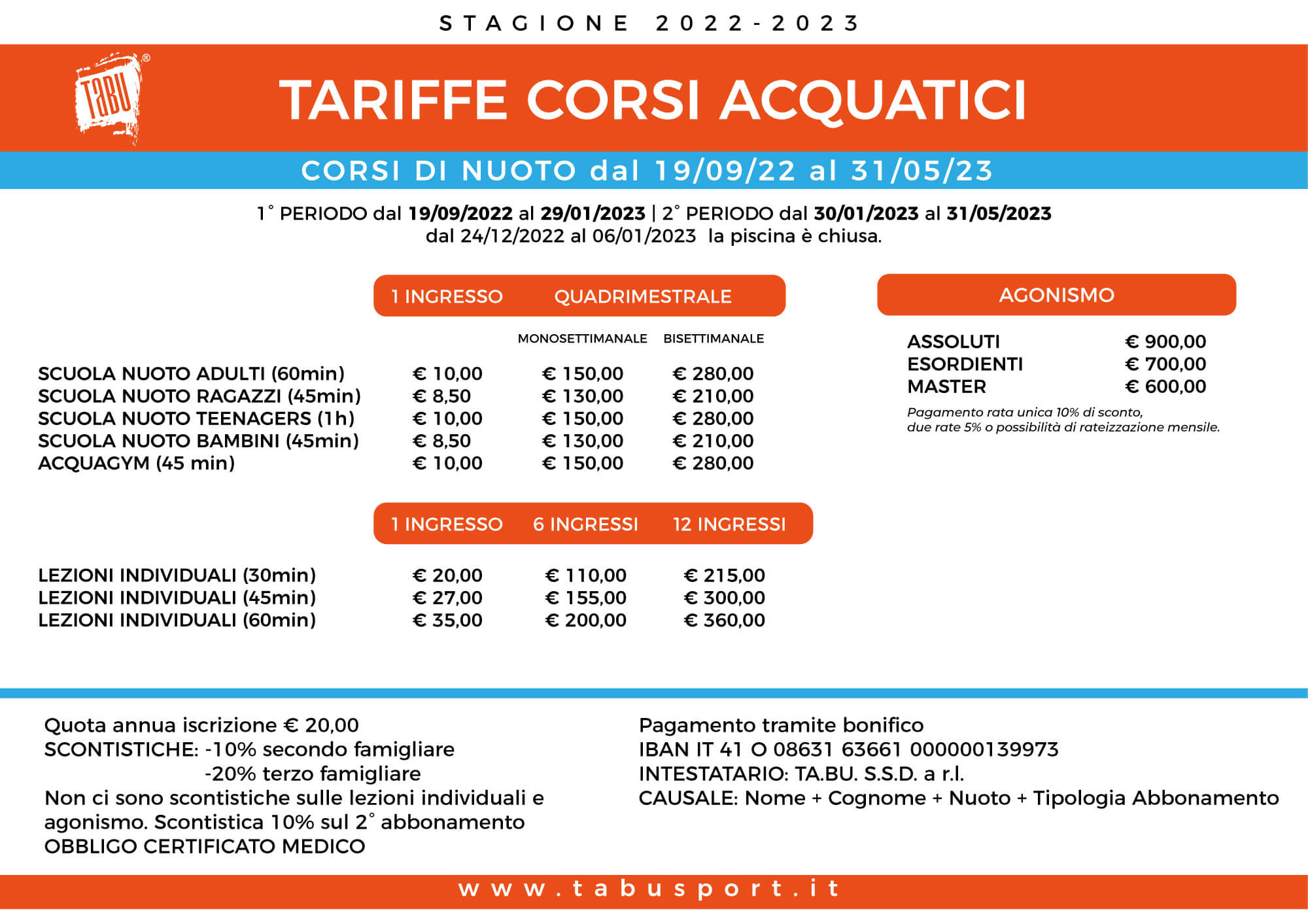 Tariffe corsi acquatici TABU 2022-2023